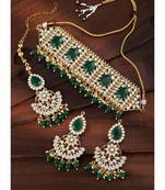 Aheli bridal green choker necklace with earrings maang tikka for women traditional jewellery set