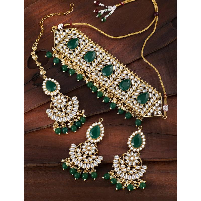 Aheli bridal green choker necklace with earrings maang tikka for women traditional jewellery set