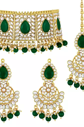 Aheli bridal green choker necklace with earrings maang tikka for women traditional jewellery set