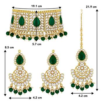 Aheli bridal green choker necklace with earrings maang tikka for women traditional jewellery set 4