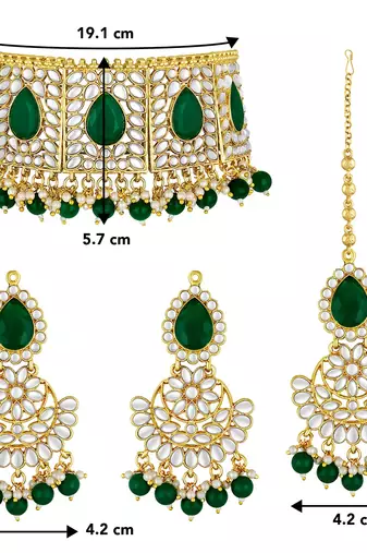Aheli bridal green choker necklace with earrings maang tikka for women traditional jewellery set