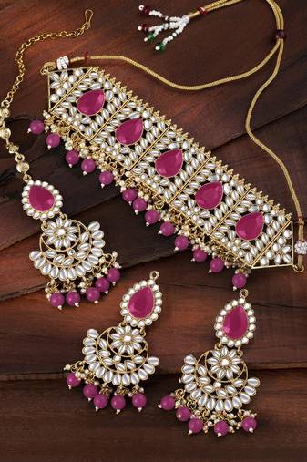 Aheli choker necklace with earrings maang tikka for women indian traditional jewellery set
