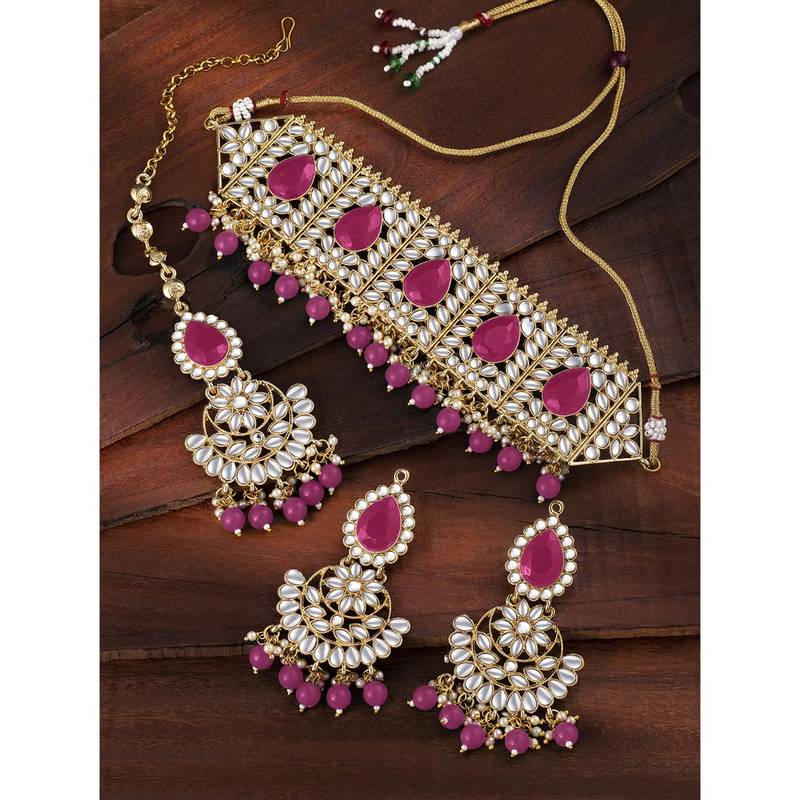 Aheli choker necklace with earrings maang tikka for women indian traditional jewellery set