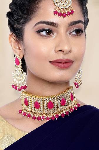 Aheli choker necklace with earrings maang tikka for women indian traditional jewellery set