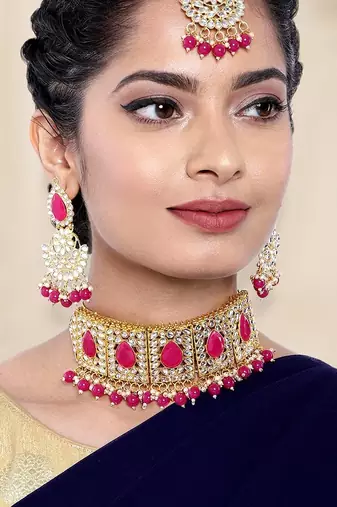 Aheli choker necklace with earrings maang tikka for women indian traditional jewellery set