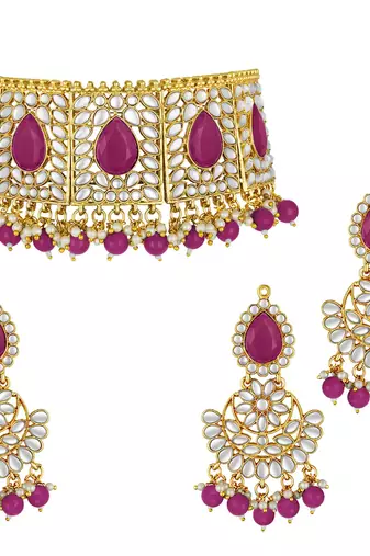 Aheli choker necklace with earrings maang tikka for women indian traditional jewellery set