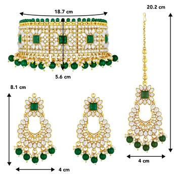 Aheli bridal kundan green choker necklace with earrings maang tikka for women jewellery set 4