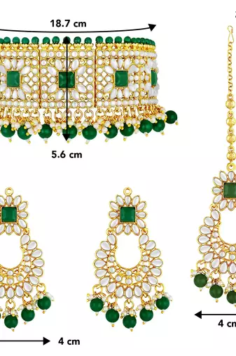 Aheli bridal kundan green choker necklace with earrings maang tikka for women jewellery set