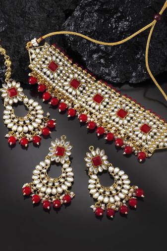 Aheli kundan choker necklace with earrings maang tikka for women indian traditional jewellery set