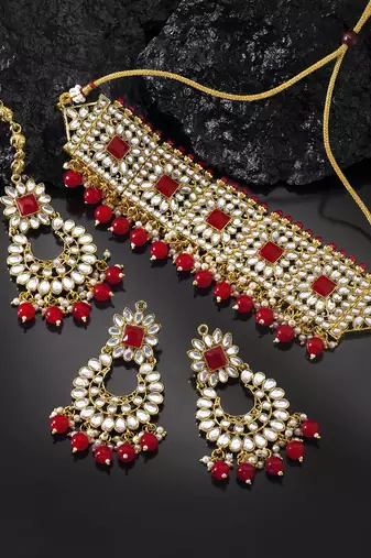 Aheli kundan choker necklace with earrings maang tikka for women indian traditional jewellery set