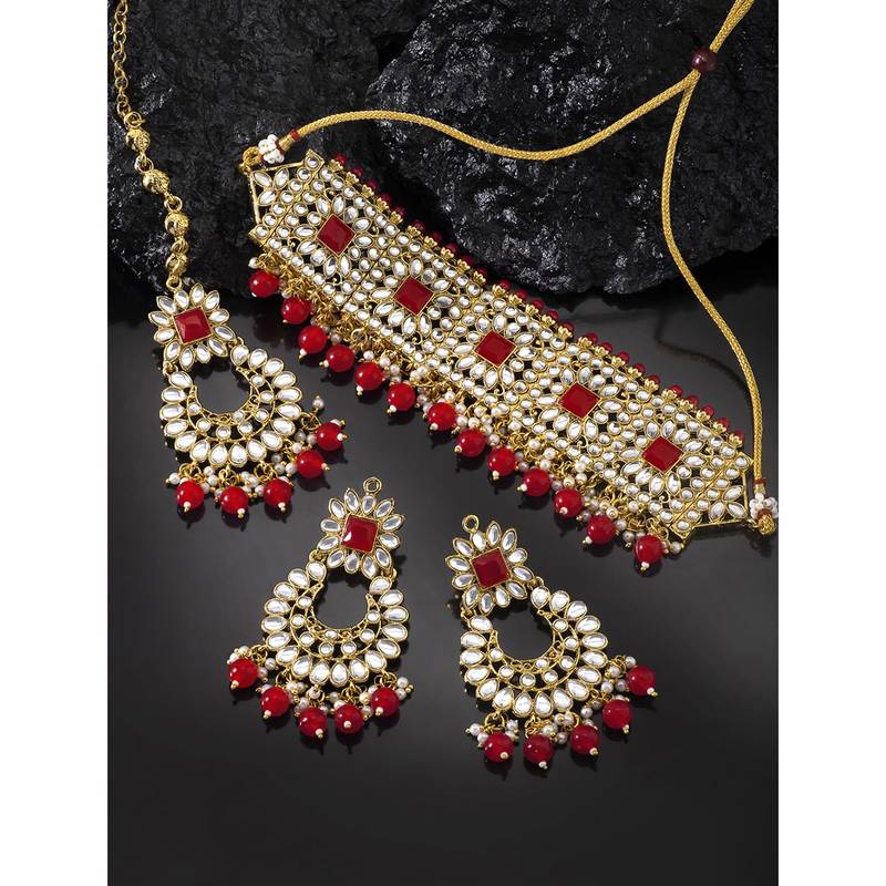Aheli kundan choker necklace with earrings maang tikka for women indian traditional jewellery set