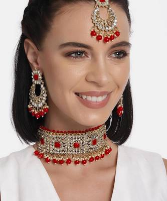 Aheli kundan choker necklace with earrings maang tikka for women indian traditional jewellery set 2