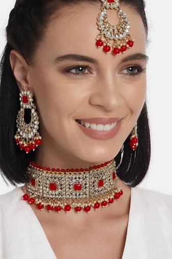 Aheli kundan choker necklace with earrings maang tikka for women indian traditional jewellery set