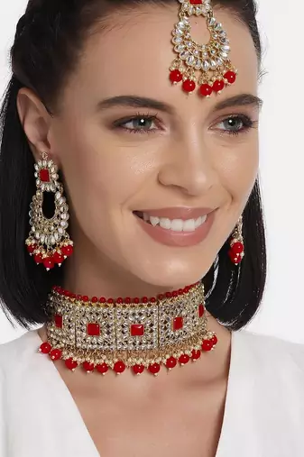 Aheli kundan choker necklace with earrings maang tikka for women indian traditional jewellery set