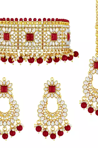 Aheli kundan choker necklace with earrings maang tikka for women indian traditional jewellery set