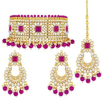 Aheli kundan choker necklace with earrings maang tikka for women traditional jewellery set 3