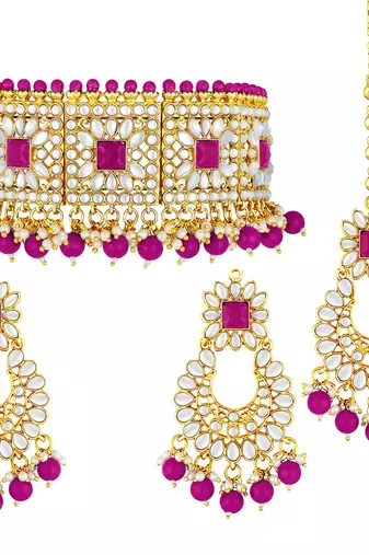 Aheli kundan choker necklace with earrings maang tikka for women traditional jewellery set