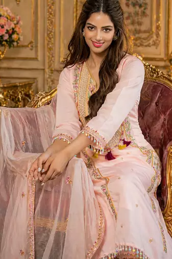 Designer pink ethnic kurta sharara set with heavy embroidery & dupatta