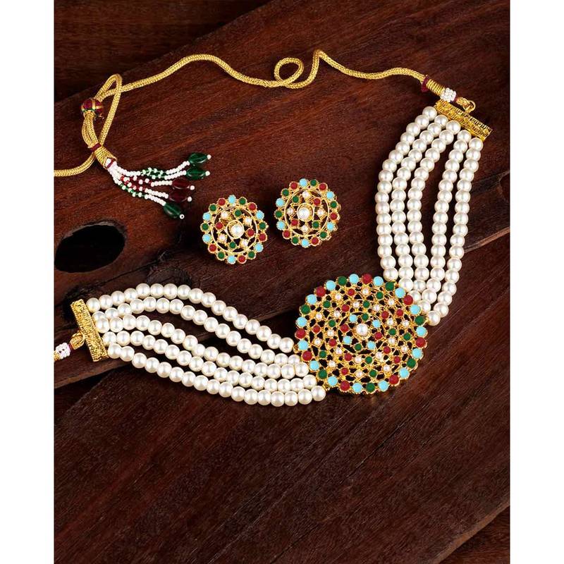 Aheli kundan choker necklace with round earrings traditional jewellery set for womens