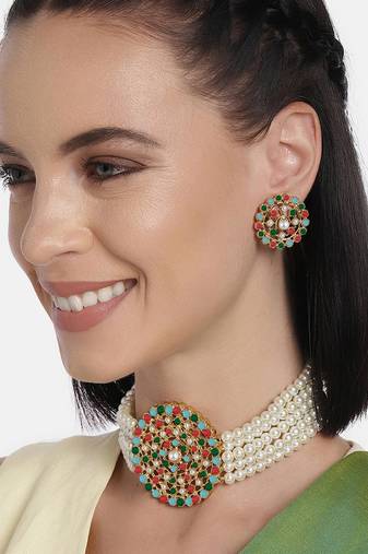 Aheli kundan choker necklace with round earrings traditional jewellery set for womens