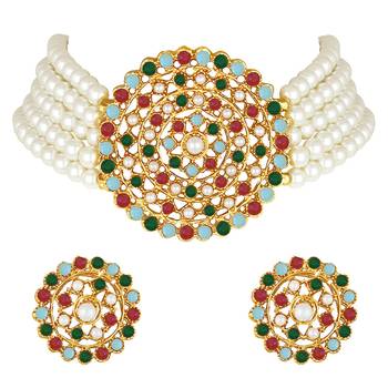 Aheli kundan choker necklace with round earrings traditional jewellery set for womens 3