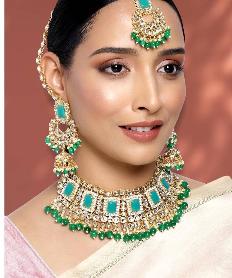 Aheli choker necklace with earrings maang tikka for women girls indian traditional jewellery set