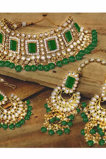 Aheli choker necklace with earrings maang tikka for women girls indian traditional jewellery set