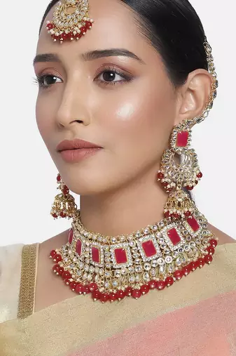 Aheli bridal kundan pearl choker necklace with earrings maang tikka for women indian traditional jewellery set