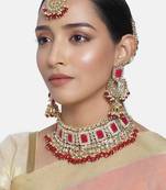 Aheli bridal kundan pearl choker necklace with earrings maang tikka for women indian traditional jewellery set