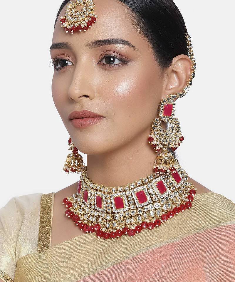 Aheli bridal kundan pearl choker necklace with earrings maang tikka for women indian traditional jewellery set