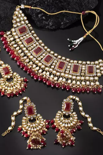 Aheli bridal kundan pearl choker necklace with earrings maang tikka for women indian traditional jewellery set