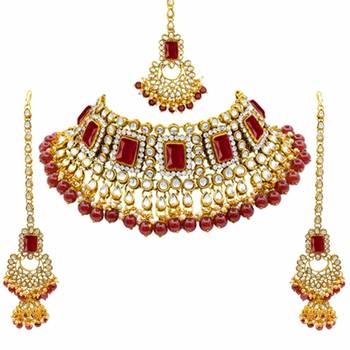 Aheli bridal kundan pearl choker necklace with earrings maang tikka for women indian traditional jewellery set 3