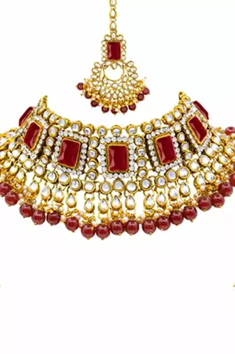 Aheli bridal kundan pearl choker necklace with earrings maang tikka for women indian traditional jewellery set