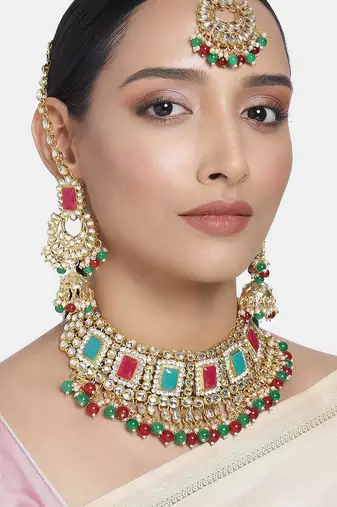 Aheli kundan pearl adjustable choker necklace with earrings maang tikka for women indian traditional jewellery set