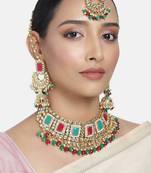 Aheli kundan pearl adjustable choker necklace with earrings maang tikka for women indian traditional jewellery set
