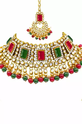 Aheli kundan pearl adjustable choker necklace with earrings maang tikka for women indian traditional jewellery set