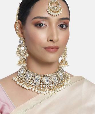 Aheli kundan pearl adjustable choker necklace with earrings maang tikka for women indian traditional jewellery set 1