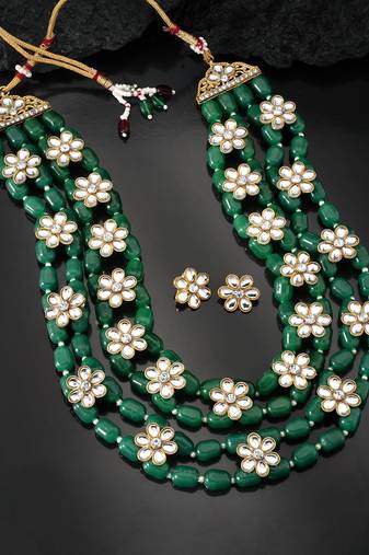 Aheli green layered long necklace jewellery set with floral earrings for women
