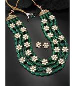 Aheli green layered long necklace jewellery set with floral earrings for women