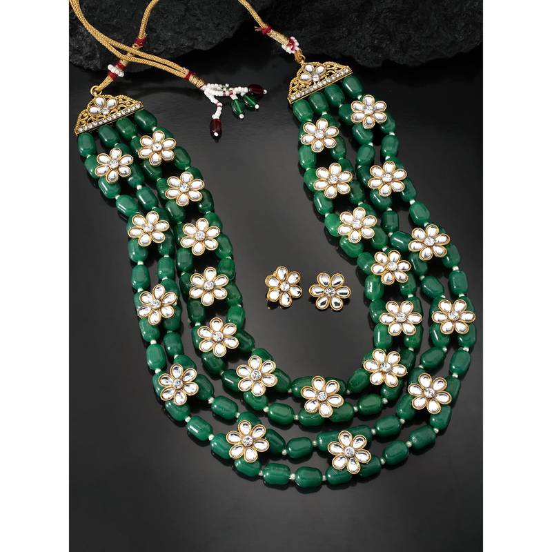 Aheli green layered long necklace jewellery set with floral earrings for women