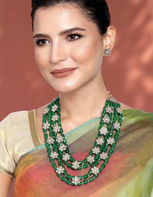 Aheli green layered long necklace jewellery set with floral earrings for women 2