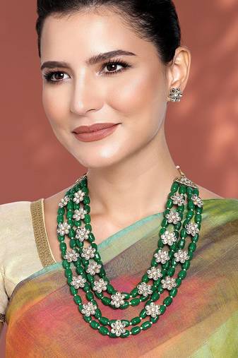 Aheli green layered long necklace jewellery set with floral earrings for women
