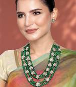 Aheli green layered long necklace jewellery set with floral earrings for women