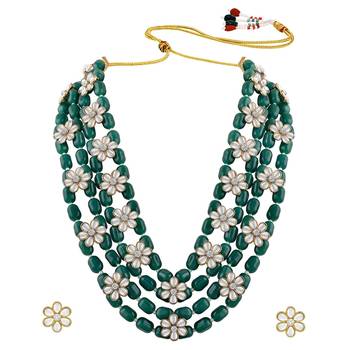 Aheli green layered long necklace jewellery set with floral earrings for women 3
