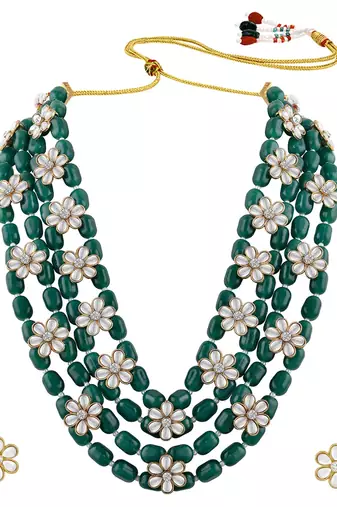 Aheli green layered long necklace jewellery set with floral earrings for women
