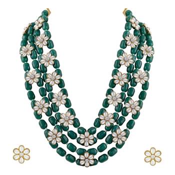 Aheli green layered long necklace jewellery set with floral earrings for women 4