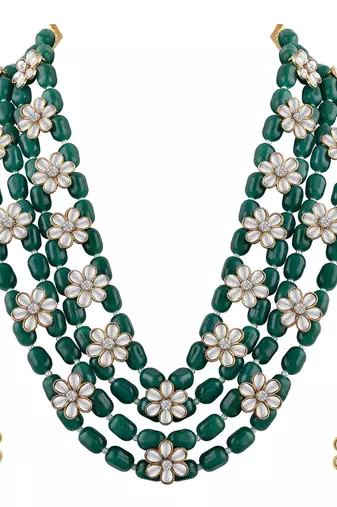 Aheli green layered long necklace jewellery set with floral earrings for women