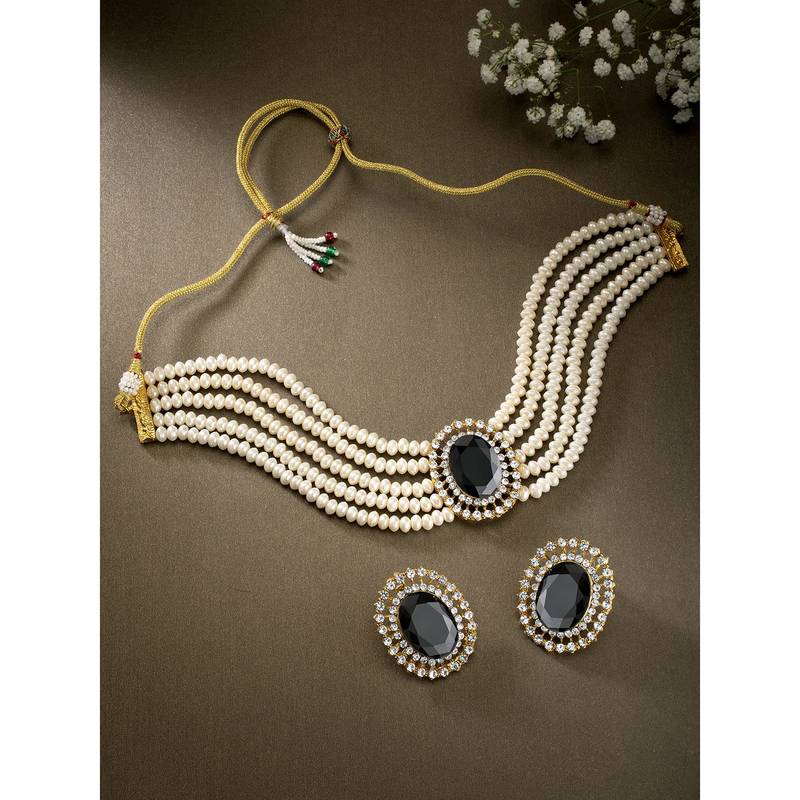 Aheli black stone beaded adjustable necklace jewellery set for women