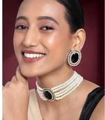 Aheli black stone beaded adjustable necklace jewellery set for women