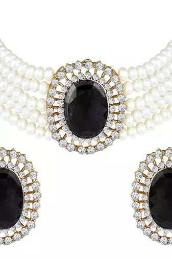 Aheli black stone beaded adjustable necklace jewellery set for women